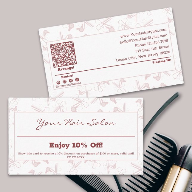 Cartão De Desconto Cabeleireiro Elegante Profissional Rosa e Branco (Elegant Professional Pink & White Hairdresser Discount Card)