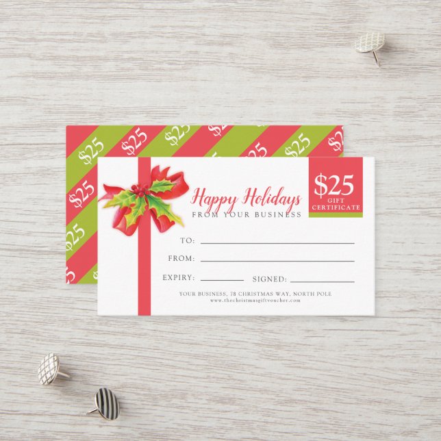 Cartão De Desconto Christmas gift certificate red green ribbon $25 (Frente/Verso In Situ)