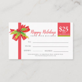 Cartão De Desconto Christmas gift certificate red green ribbon $25