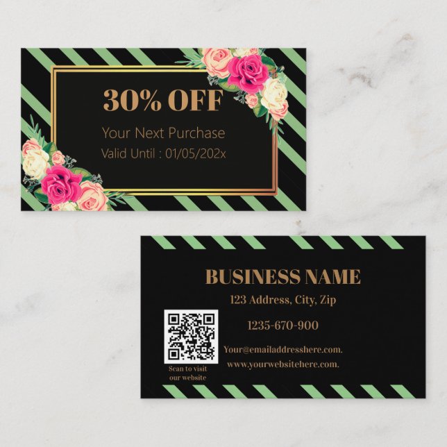 Cartão de Desconto com Código QR de Listras Florai (Frente/Verso)
