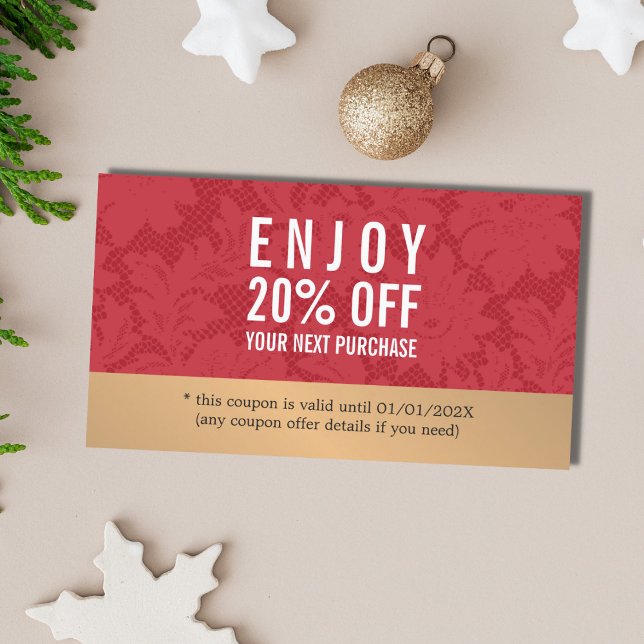 Cartão De Desconto Cupão de Beleza Dourada do Lace Vermelho Elegante  (Criador carregado)