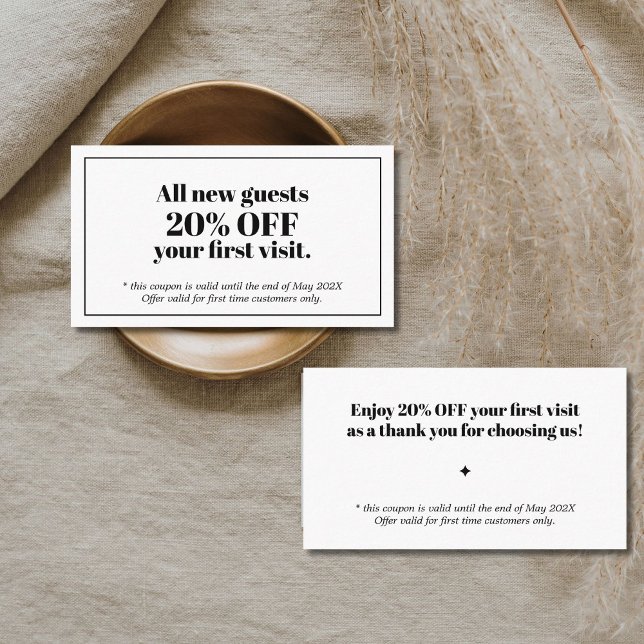 Cartão De Desconto Cupão de Salão Branco Negro Mínimo (Criador carregado)