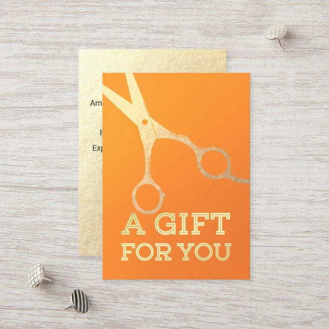 Cartão De Desconto Hairstylist Makeup Salon Chic Orange Tesoura Doura (Frente/Verso In Situ)