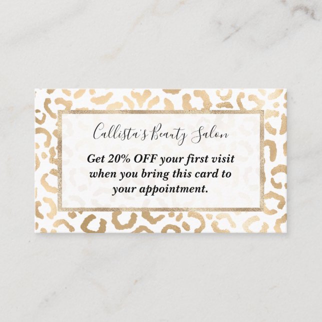 Cartão De Desconto Impressão Animal Leopardo Branco Dourado Elegante  (Frente)