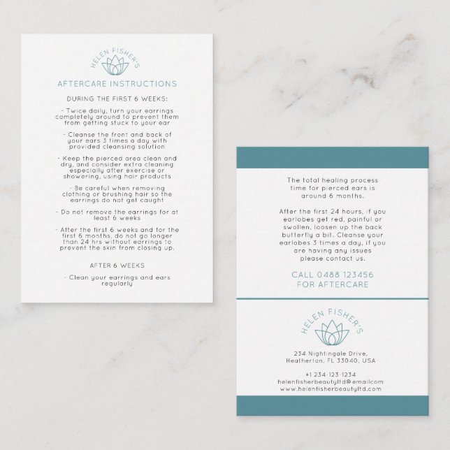 Cartão De Desconto Instruções de perfuração do ouvido após o tratamen (Frente/Verso)