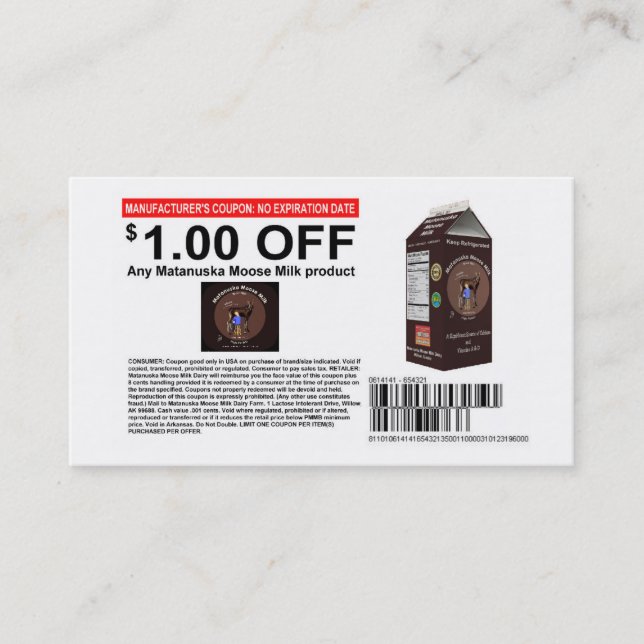 Cartão De Desconto Matanuska Moose Milk Coupon (Frente)