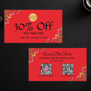 Cartão De Desconto Menu de Código Qr do Restaurante Moderno de Flores