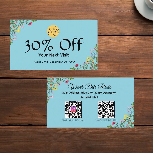 Cartão De Desconto Menu de Código Qr do Restaurante Moderno de Flores (Criador carregado)