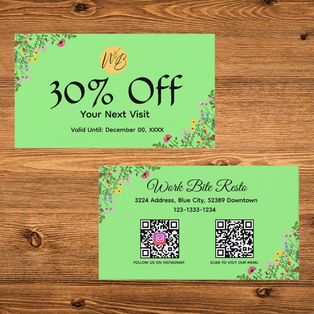 Cartão De Desconto Menu de Código Qr do Restaurante Moderno de Flores (Criador carregado)