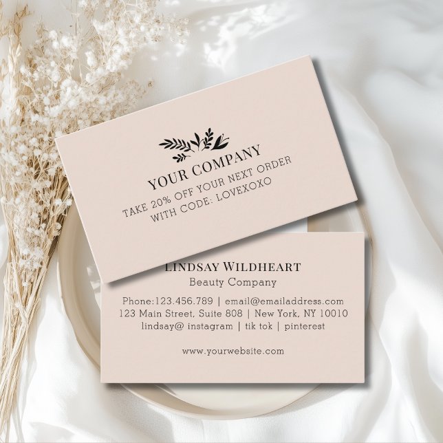 Cartão De Desconto Minimal Floral Beige Botanical Salon Discount Card (Custom Minimal Floral Beige-Blush Botanical Salon Discount Card)