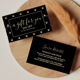 Cartão De Desconto Motivo de Coroa Elegante Preto Dourado