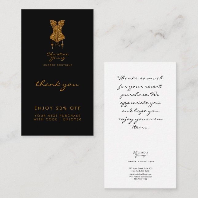 Cartão De Desconto Obrigado Dourada brilhante Lingerie Negra (Frente/Verso)