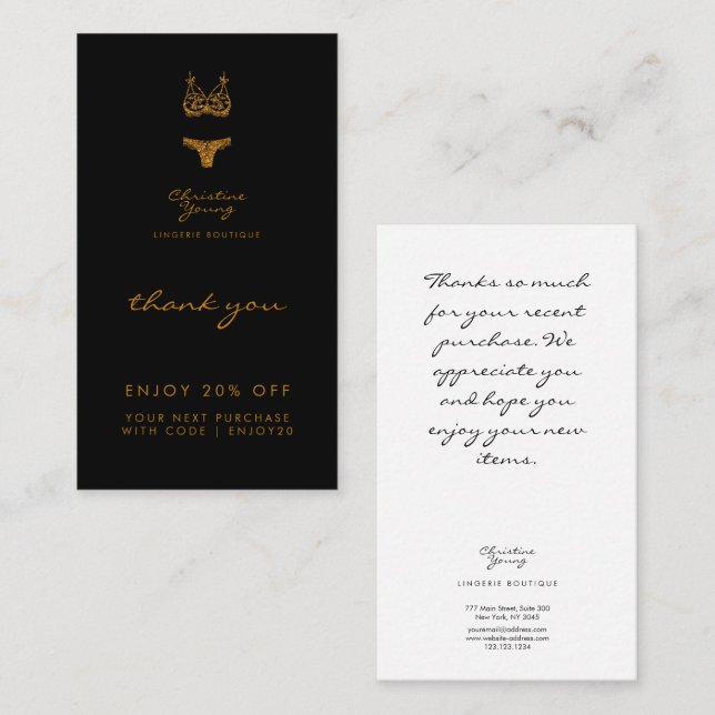 Cartão De Desconto Obrigado Dourada brilhante Lingerie Negra Boutique (Frente/Verso)