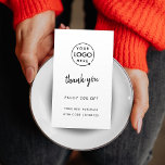 Cartão De Desconto Obrigado | Logotipo comercial Moderno Branco<br><div class="desc">Obrigado simples e na moda personalizado de logotipo comercial, você descarta design na tipografia moderna, apresentando uma elegante fonte de script manuscrito. O design minimalista limpo é elegante em preto simples sobre fundo branco. Adicione o logotipo da sua empresa para corresponder à sua imagem de marca e dê uma aparência...</div>