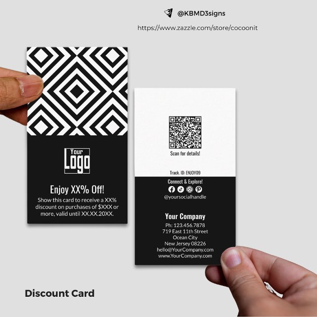 Cartão De Desconto Pequenas empresas com dois tons simples XX% deslig (Simple Dual-Tone Small Business XX% Off Discount Card, Terms, QR code, Social Media Connect)