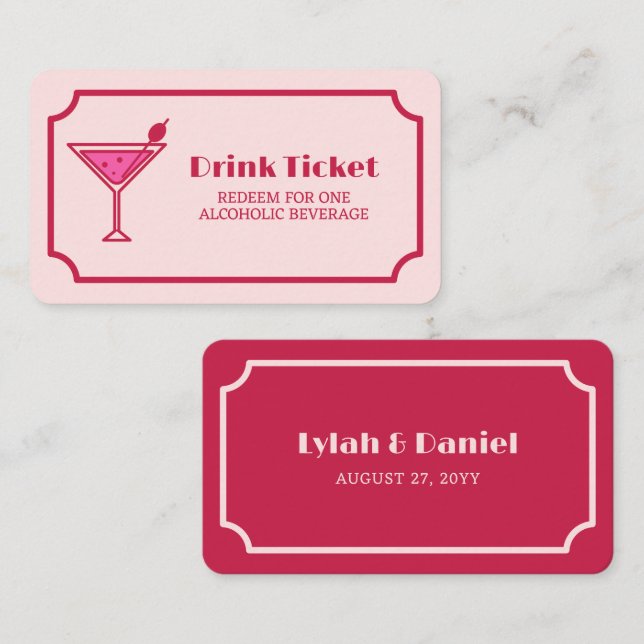 Cartão De Desconto Pink Cocktail Retro Font Wedding Drink Ticket (Frente/Verso)