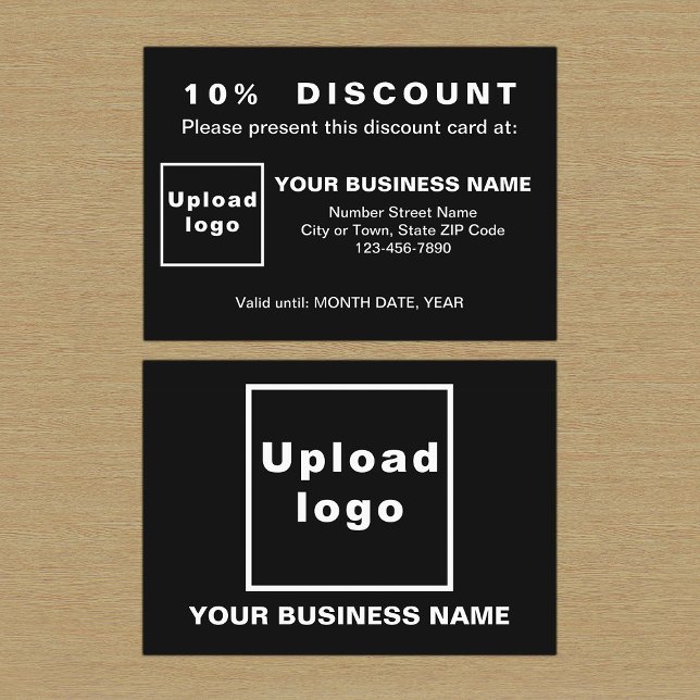 Cartão de Desconto Preto para Empresas (Front and back sides of black discount card for your business. Attract more customers or clients.)
