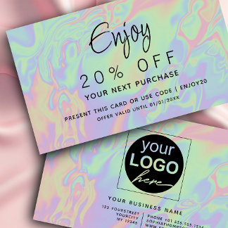 Cartão De Desconto Script de Pastel Holográfico Modern Faux | Seu log