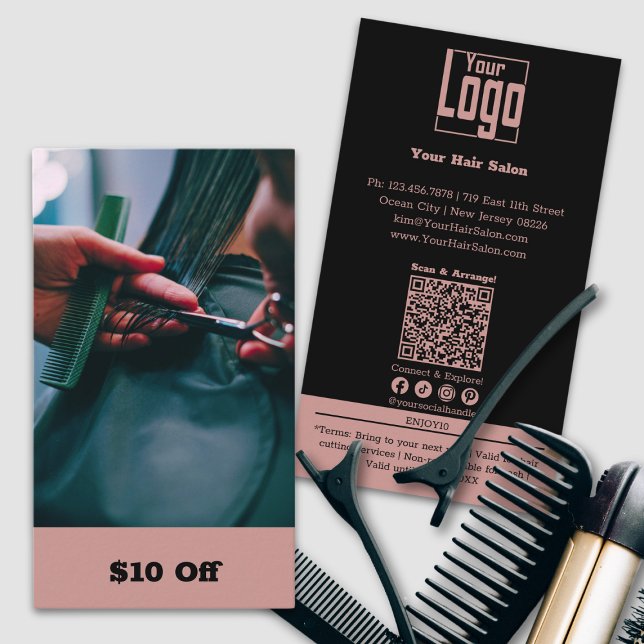 Cartão De Desconto Tendy Hairdresser Image $10 Off (Trendy Hairdresser Image $10 Off Discount Card, Custom Photo, Tuscany Pink & Black)