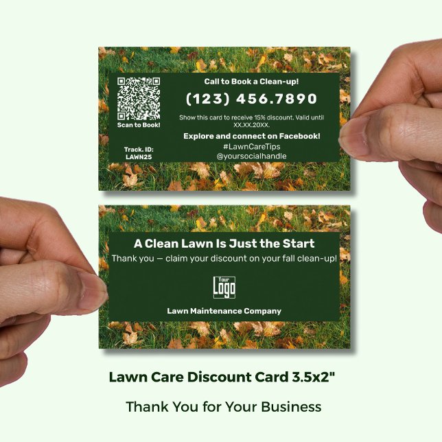Cartão De Desconto Um gramado limpo é apenas o começo Sazonal Outono (A Clean Lawn Is Just the Start Seasonal Autumn Discount Card; Size:3.5x2 Inch, Green White Branding)