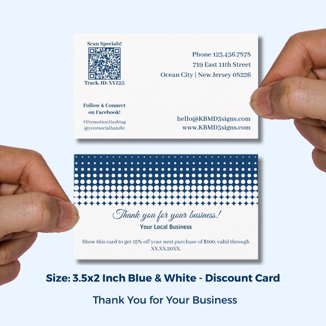 Cartão De Desconto White and Blue Thank You For Your Business and (White and Blue Thank You For Your Business and Discount Card; Size 3.5x2 Inch, QR code)