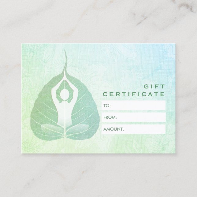 Cartão De Desconto YOGA Instrutor Studio Gift Certificate Bodhi Leaf (Frente)