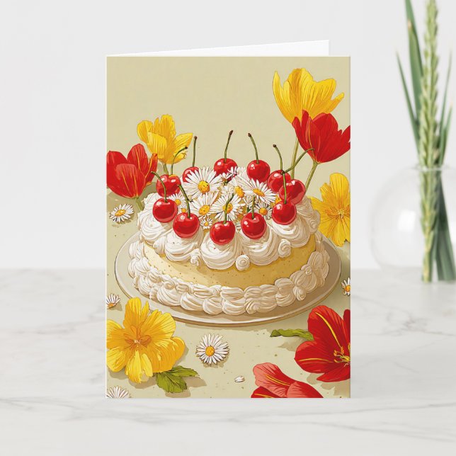 Cartão de desejos de aniversário com bolo doce (Frente)