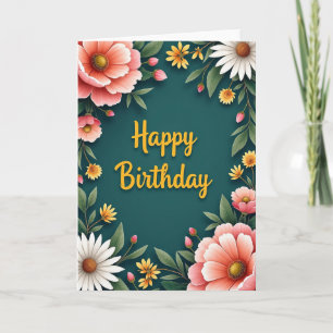 Cartão de Desejos de Aniversário Floral Turquesa