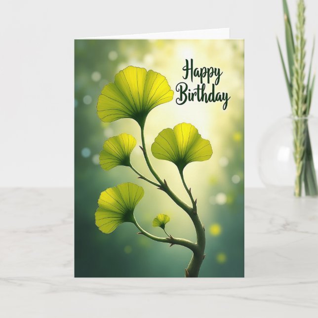 Cartão de Desejos de Aniversário Folhas Luminosas (Frente)