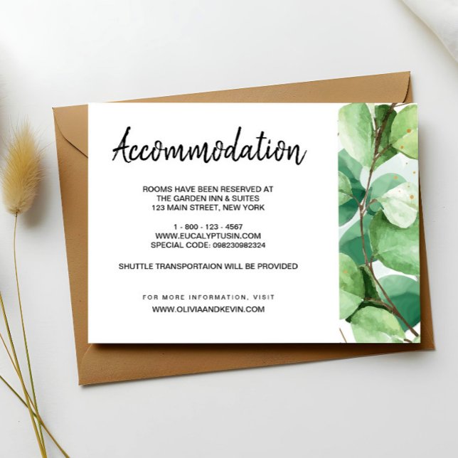 cartão de detalhes de acomodações de casamento de  (Eucalyptus Wedding Details Enclosure Card, Eccommodation Card, Information Wedding Enclosure Card)