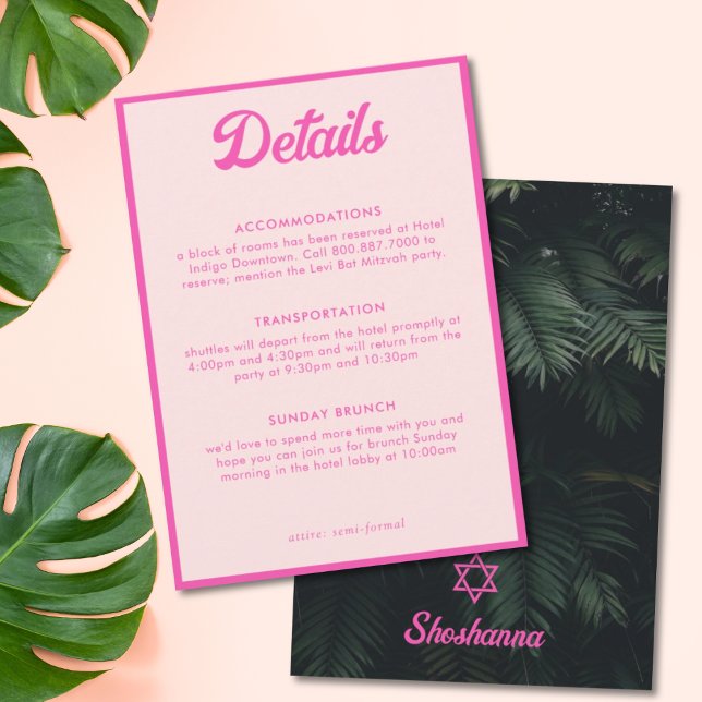 Cartão de Detalhes de Bat Mitzvah Tropical Rosa En (Pink Tropical Bat Mitzvah Details Enclosure Card
)