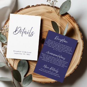 Cartão de Detalhes de Casamento Azul-Navy e Branco