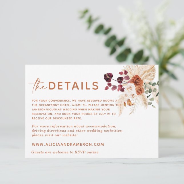 Cartão de Detalhes de Casamento Boho Pampas Laranj (Em pé/Frente)