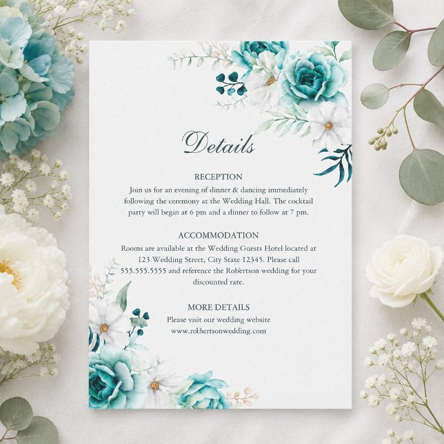 Cartão de Detalhes de Casamento Botânico Turquesa (Teal Botanical Wedding Details Card)