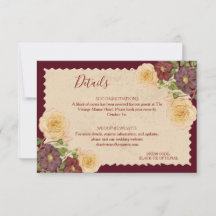 Cartão de Detalhes de Casamento Burgundy Vintage E
