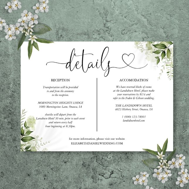 Cartão de Detalhes de Casamento com Coração de Ver (Greenery Heart Script Wedding Details Card)