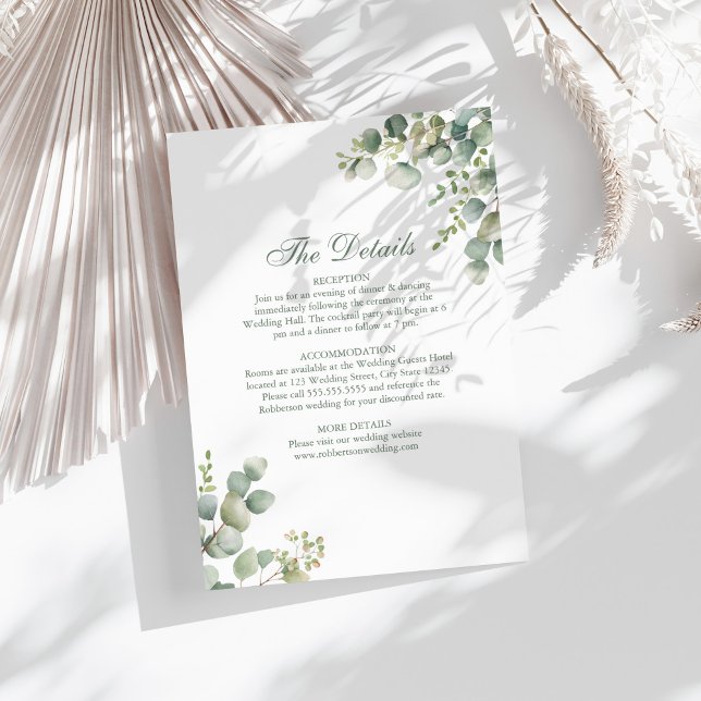 Cartão de Detalhes de Casamento com Eucalipto da M (Modern Greenery Eucalyptus Wedding Details Card on a sunny neutral and white boho table.)