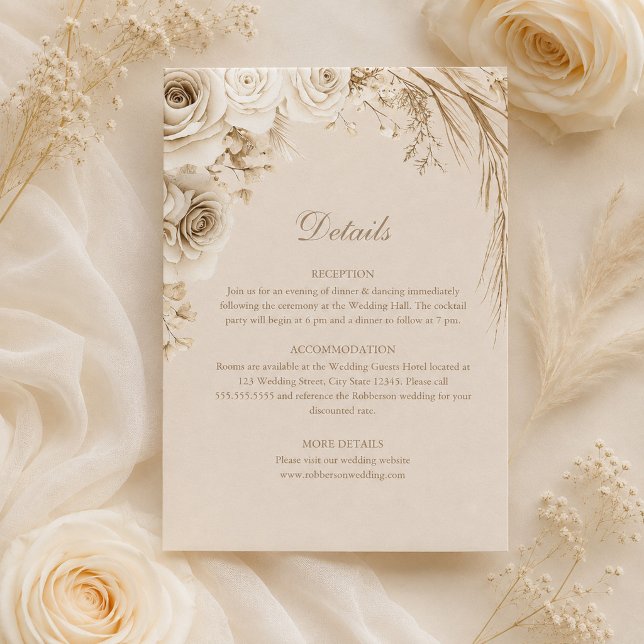 Cartão de Detalhes de Casamento com Flores Secas B (Beige Dried Flowers Wedding Details Card with ivory roses)