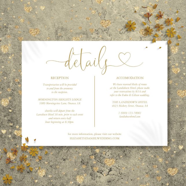 Cartão de Detalhes de Casamento com Letra de Coraç (Elegant Gold Heart Script Wedding Details Card)