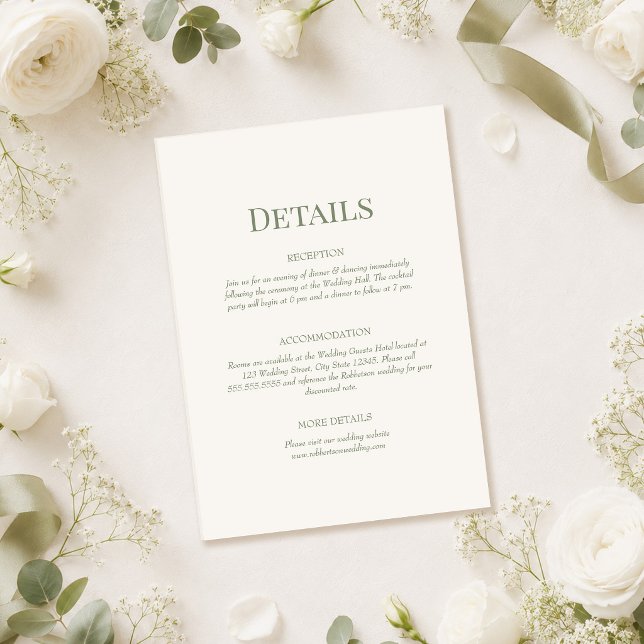 Cartão de Detalhes de Casamento com Monograma em V (Olive Green Monogram Wedding Details Card on a table with white roses and wedding decor)
