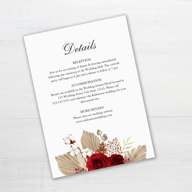 Cartão de Detalhes de Casamento com Rosas Borgonha (Burgundy Roses and Palm Leaves Wedding Details Card Template on gray table)