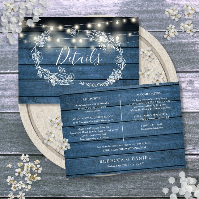 Cartão de Detalhes de Casamento das Luzes de Madei (Blue Wood String Lights Wedding Details Card)