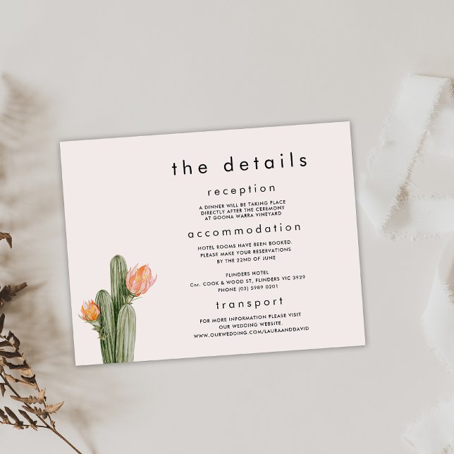 Cartão de Detalhes de Casamento de Cactus Floral L (Modern Flowering Cactus Wedding Details Card, Orange Flowering Cactus Wedding Details Enclosure Card)