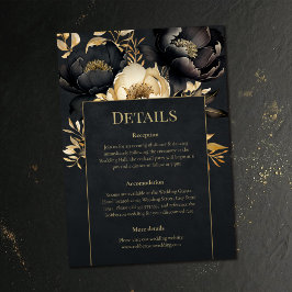 Cartão de Detalhes de Casamento de Peônia Preto e
