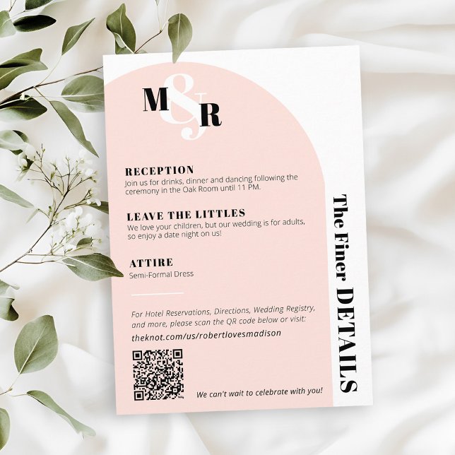 Cartão de Detalhes de Casamento do Monograma Rosa  (Blush pink black and white ampersand monogram arch wedding invitation The Finer Details Card QR Code)