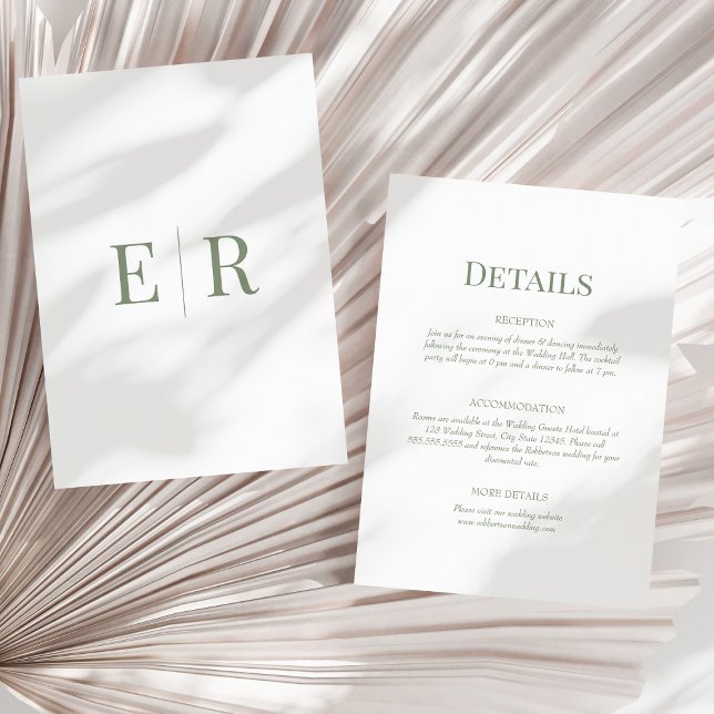 Cartão de Detalhes de Casamento do Monograma Verde (Olive Green Monogram Wedding Details Card on a sunny neutral dry palm leaf.)