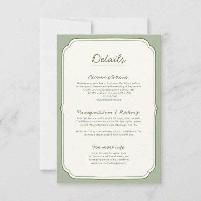Cartão de Detalhes de Casamento em Verde Sage Eleg (Frente)
