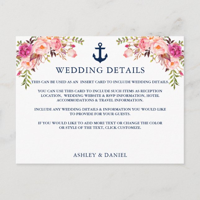 Cartão de Detalhes de Casamento Floral Rosa Ângulo (Frente)