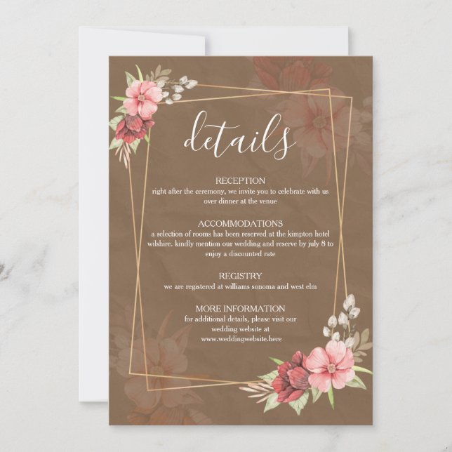 Cartão de Detalhes de Casamento Floral Rústico (Frente)