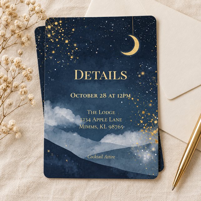Cartão de Detalhes de Casamento Lua Celestial Navy (Criador carregado)